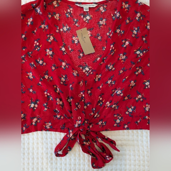 American Eagle Red Floral Button Tie-Front Crop Top Size L NWT Beach Boho Hippie - Picture 6 of 13